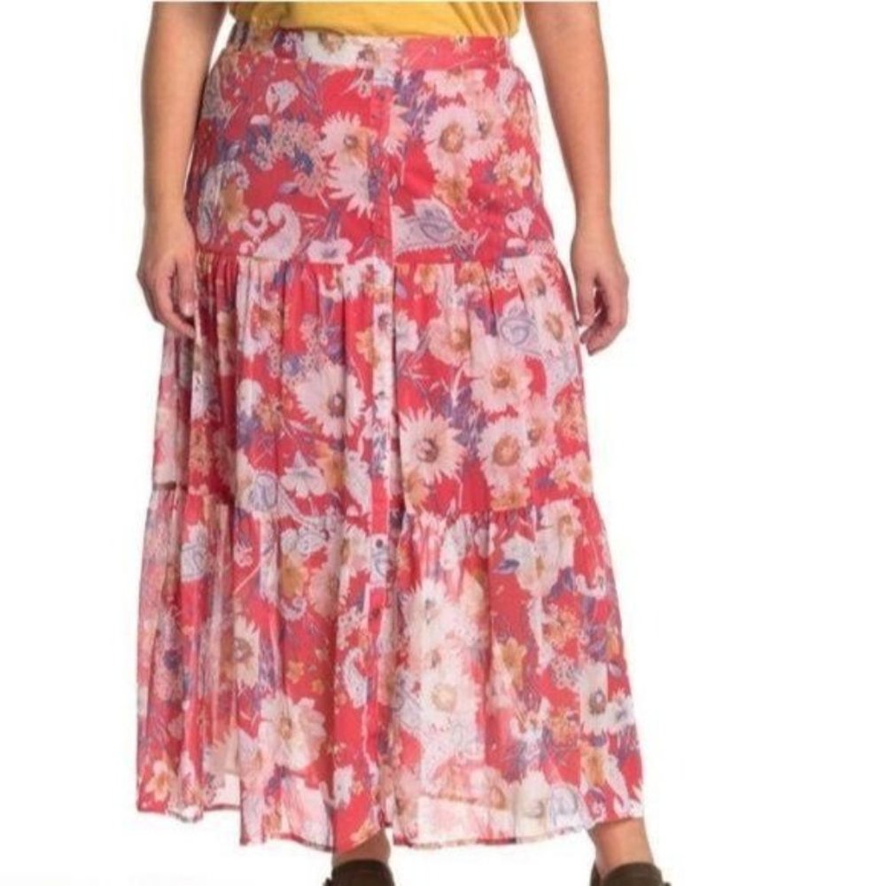 Fourteenth Place Orange Red Floral Print Tiered Maxi Skirt Plus Size 2X